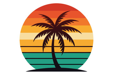 Dark palm tree stands silhouetted before retro sunset gradient background within oval