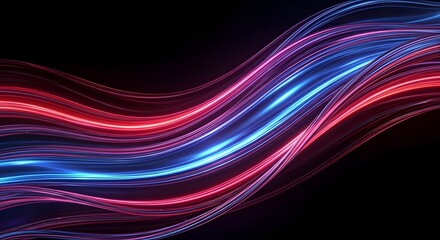 Dynamic abstract glowing neon light trails flowing in dark space, vibrant red and blue energy waves creating modern futuristic background for technology or science concepts.