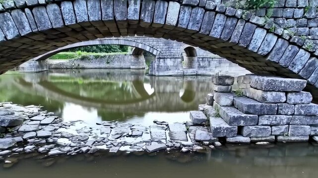 Ancient Stone Arch Bridge Reflection in Water, Historic Landmark Scene