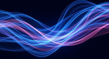 Naklejka premium Dynamic abstract flowing light waves in vibrant blue and pink hues create a mesmerizing, modern background ideal for technology and data visualization concepts.