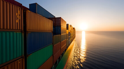 Ocean freight: cargo ship at sunset carrying stacked colorful shipping containers for global trade, showcasing transportation and logistics.