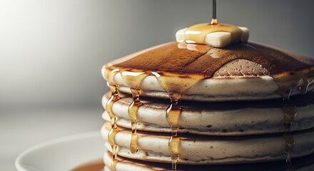 Elevated pancake stack with syrup cascade and butter, a delightful breakfast