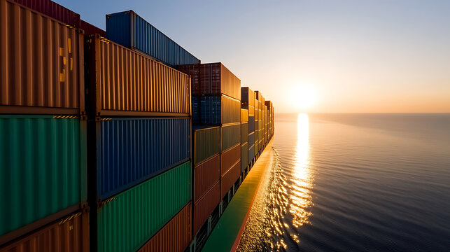 Fototapeta Ocean freight: cargo ship at sunset carrying stacked colorful shipping containers for global trade, showcasing transportation and logistics.