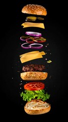 Burger ingredients levitate