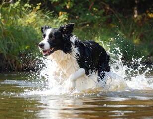 Border Collie with Joyful Run Through Water in a Sunlit Outdoor Scene