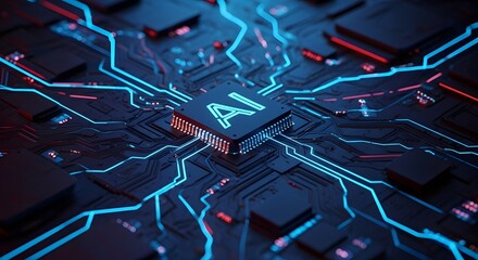 Experience the future of innovation with a dynamic AI chip powering a futuristic circuit board, pulsing with vibrant blue and red energy, representing advanced technology and intelligent systems.