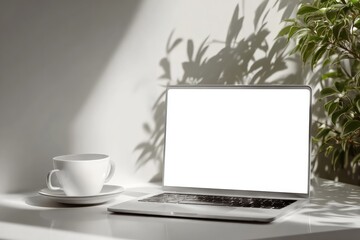 Fototapeta premium Laptop, coffee cup, sunlight, shadows