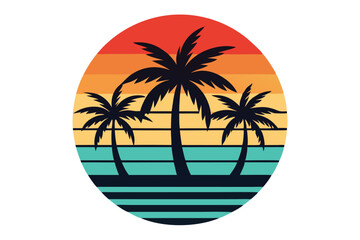 Palm silhouettes stand before a colorful sunset and ocean inside of a circle