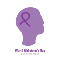 Vector illustration of World Alzheimer's Day for social media feed template. 21st September. Purple ribbon and human face design.