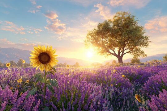 Sunrise over a lavender field with sunflowers and a tree - Powered by Adobe