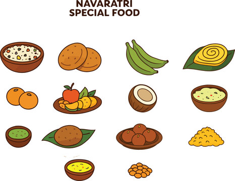 Navratri Vrat Food Vector Icon Set - Hindu Festival Dishes