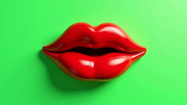  red lips with glossy sheen inviting a kiss against vibrant green background, dynamic motion implied