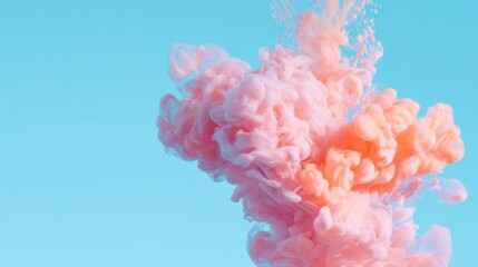 Soft pink clouds swirl against bright blue backdrop, creating dr