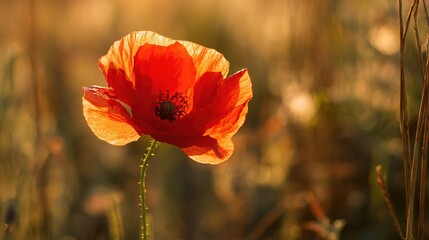 Close-up of a vibrant red poppy bathed in golden sunset light in a peaceful field. inspiring travel planning