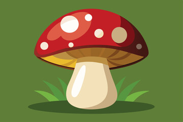 Single cartoon amanita mushroom with white spots grows in a green grassy patch