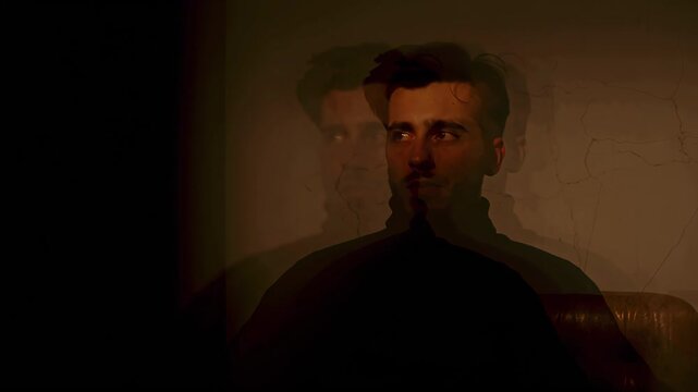 Portrait of man with blurred double exposure. Mental health, anxiety. memory loss
