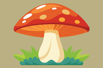 Vibrant red mushroom with white and yellow spots stands amidst green grass
