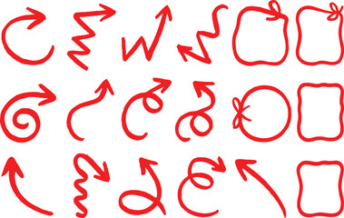 A red arrows crayon doodle chalk icons set hand drawn curved lines, swirls, direction pointers, scribble marker vector with on  white background 