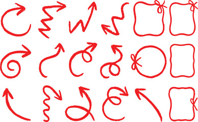 A red arrows crayon doodle chalk icons set hand drawn curved lines, swirls, direction pointers, scribble marker vector with on  white background 