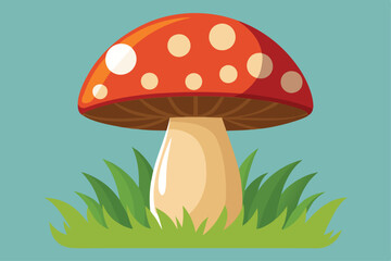 Bright red mushroom featuring prominent white spots emerges from green grass against a light blue background