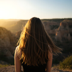 A woman with long brown hair stands on a cliff, overlooking a canyon at sunset.