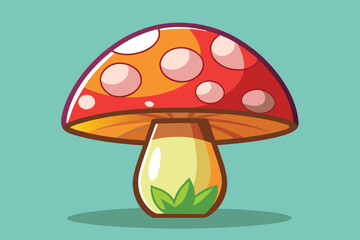 Animated mushroom showing red and orange polka dots on the cap growing near green plants