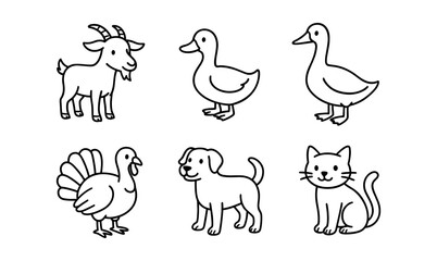 Obraz premium Cute outline animal collection: goat, duck, turkey, dog, cat in simple style