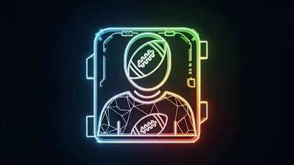 Digital Gridiron Icon: A vibrant neon illustration, set against a dark background, showcases a futuristic football player within a high-tech frame, symbolizing innovation and the digital age. - Powered by Adobe