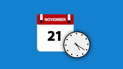 November month 21 date calendar icon  animation with clock  on transparent background. Calendar icon 21 November HD animation. November month 21 calendar date black screen.