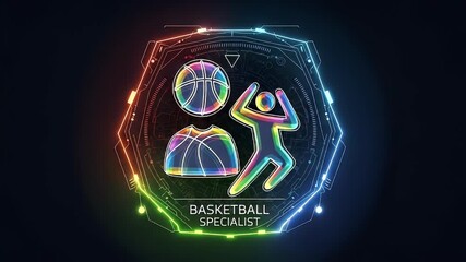 Digital Basketball Specialist Icon: A vibrant and dynamic digital icon of basketball specialist with a futuristic aesthetic, featuring a basketball player silhouette and the sports's key element. - Powered by Adobe