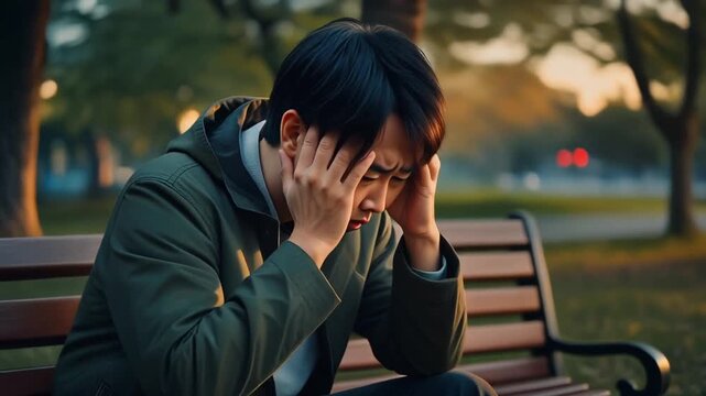 Japanese man in his 30s sitting on a park bench at sunset, head down, holding his head with both hands, looking defeated, soft natural light, cinematic atmosphere