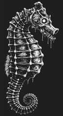 Detailed Monochrome Seahorse Illustration with Dripping Effect and Sharp Teeth.
