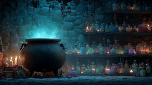 Witch&rsquo;s lair background with bubbling cauldron, potion shelves, and glowing magical runes