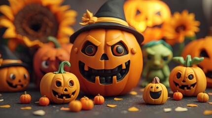 Colorful Halloween-themed display featuring various carved pumpkins and spooky decorations