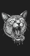 Detailed Black and White Illustration of a Felines Open Dripping Mouth.