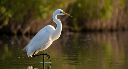 Naklejka premium Great Egret wading in shallow water at sunset.