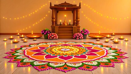 Colorful diwali rangoli with oil lamps and floral decorations in festive celebration 
