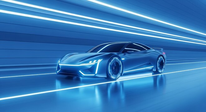 Futuristic Electric Car in a Neon Light Tunnel. - Powered by Adobe