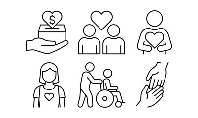 Charity and support icons depicting donation, volunteering, and care concepts in minimalist style