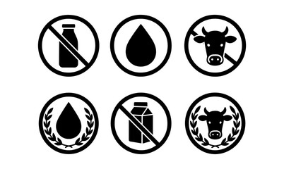 Set of black and white vegan icons with milk and cow symbols