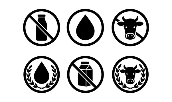Set of black and white vegan icons with milk and cow symbols