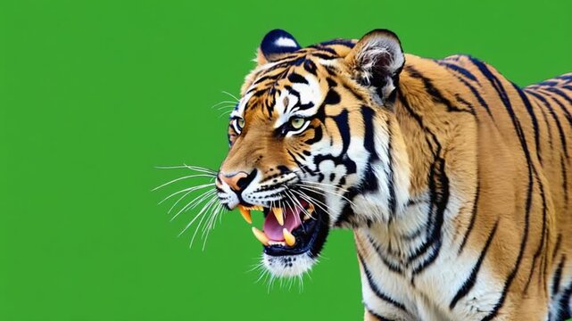 Close up of a tiger with its mouth open showing its teeth against a green background color animal green screen video