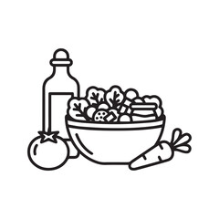 Healthy salad bowl icon with fresh vegetables, tomato, carrot, and dressing bottle. Black and white line art vector for diet and nutrition concepts.
