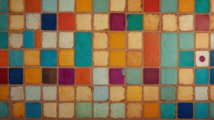 Colorful mosaic wall with various tile patterns, showcasing vibrant hues and artistic design