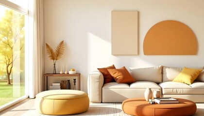 Modern living room with a beige sofa, orange pillows, and a round ottoman , minimalist decor, warm color palette, sunlight streaming through the window , creating a cozy atmosphere.
