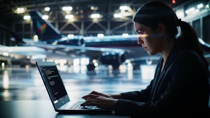 Software developer coding in airplane hangar: Aviation technology and programming - Powered by Adobe