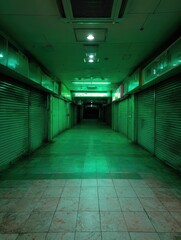 Abandoned shopping arcade with green lighting creating an eerie atmosphere in the background