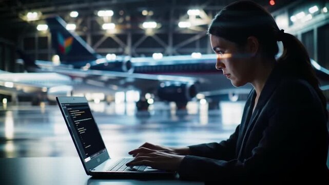 Software developer coding in airplane hangar: Aviation technology and programming