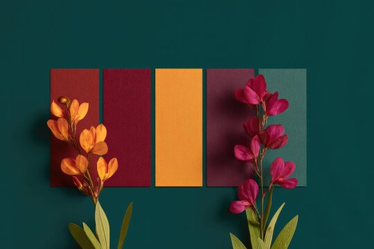 Bright flowers contrast with bold color swatches on deep green b - Powered by Adobe