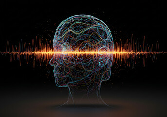 Conceptual illustration of a human head with neural pathways and brainwaves.